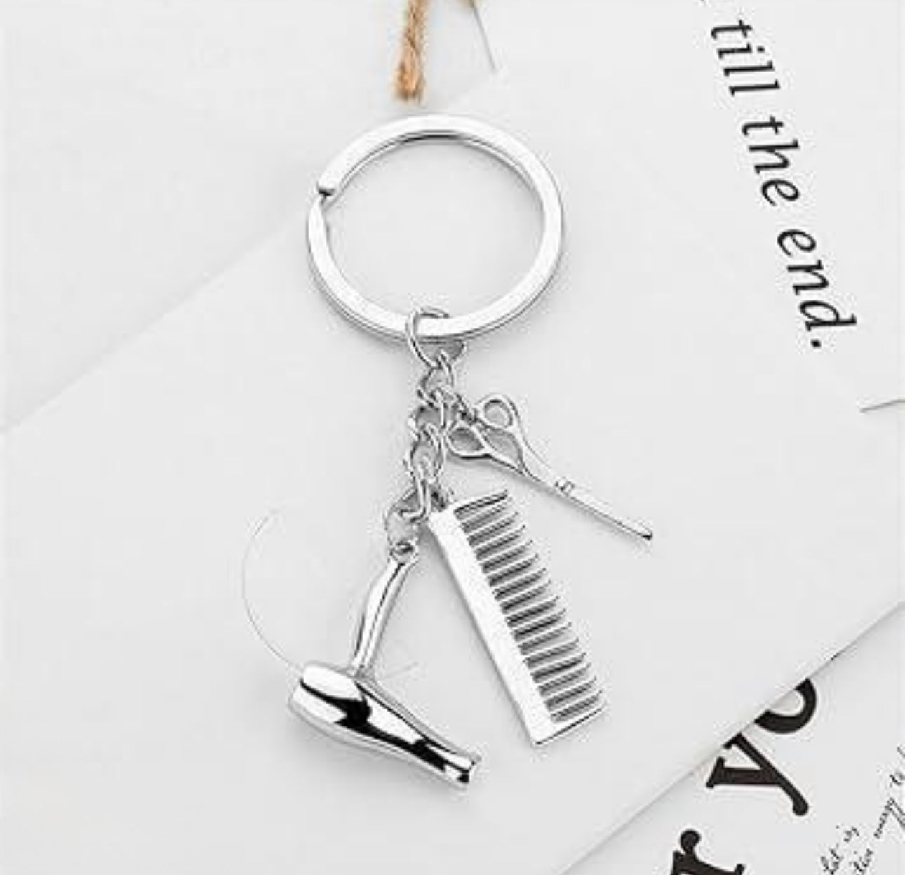 Silver Metal Miniature Dryer Scissor Comb Combo Keychain