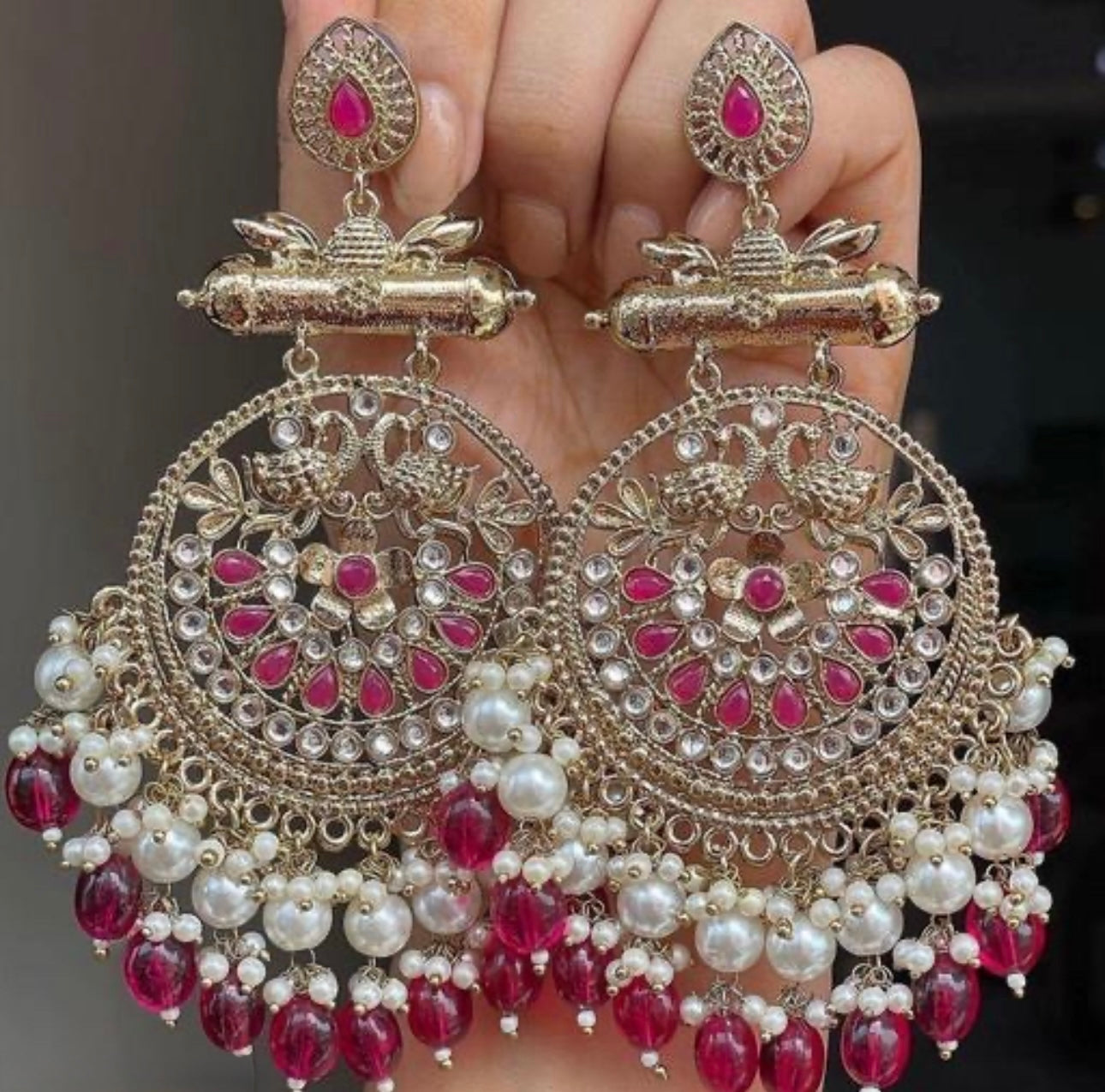 Heavy Kundan Chandbali Pearls Earrings