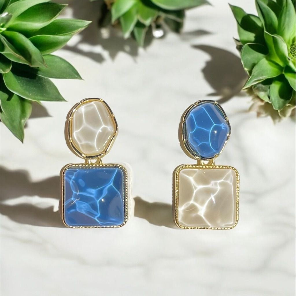 Elegant Gold Plated Blue & White Gemstone Upside Down Ripple Earrings