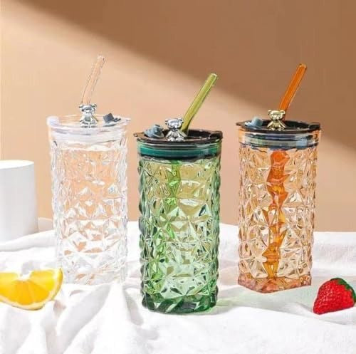 Diamond Glass Tumbler with Teddy Straw