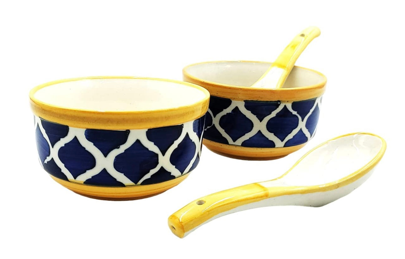 Ceramic Hand Painted Pasta/Soup Serving Bowls with Matching Spoons- Set of 2