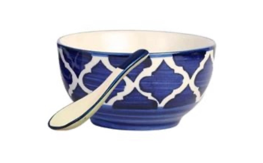 Ceramic Hand Painted Stoneware Large Soup Bowls with Matching Spoons - Set of 4