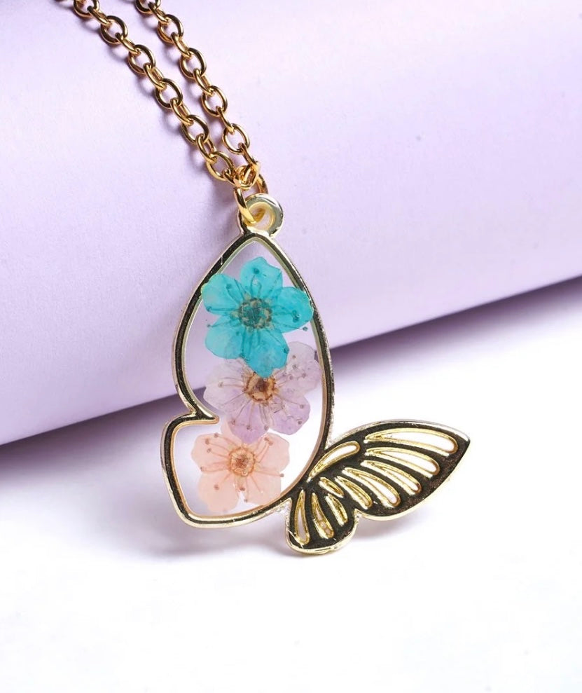 Butterfly Pendant with Real Pressed Flowers