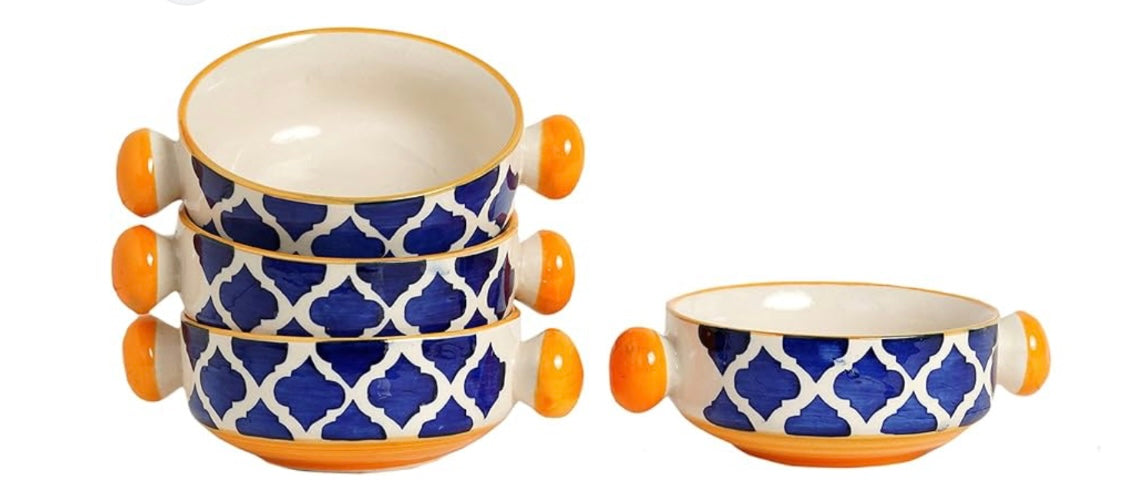 Ceramic Hand Painted Mughal Design Pasta/Soup Serving Bowls - Set of 2