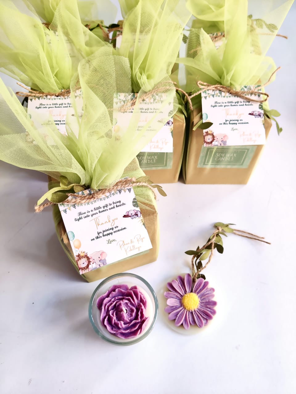 Flower Votive Candles for Return Gifts/Favours with Packaging & Personalised Tags/Stickers