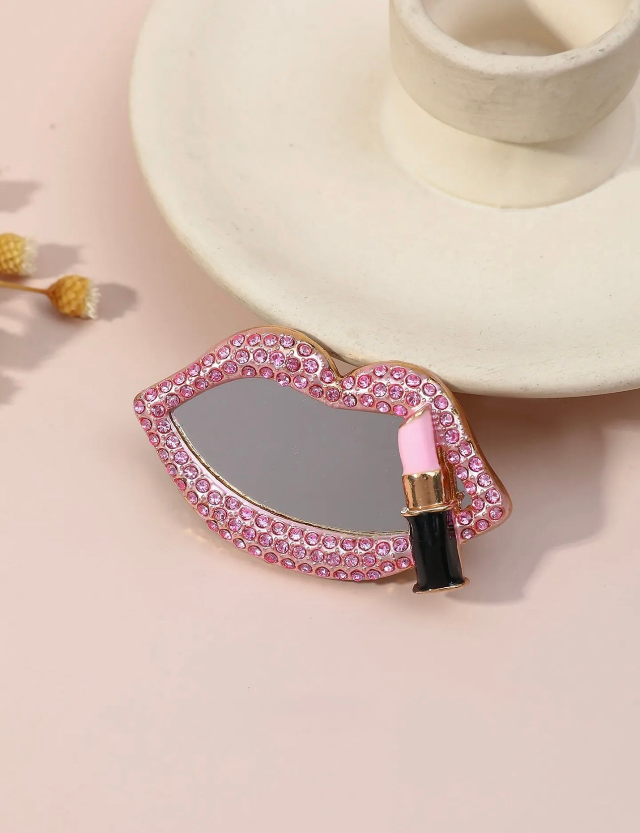 Rhinestones Studded Lip Shape Makeup Mirror