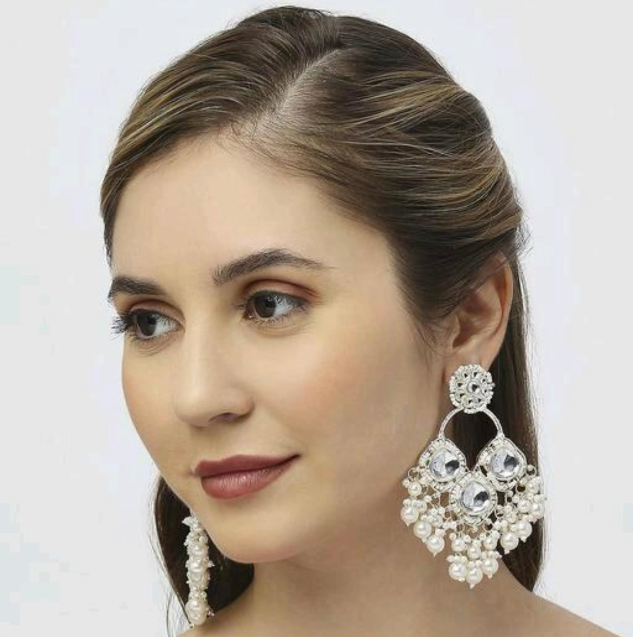 White Kundan Drop Earrings