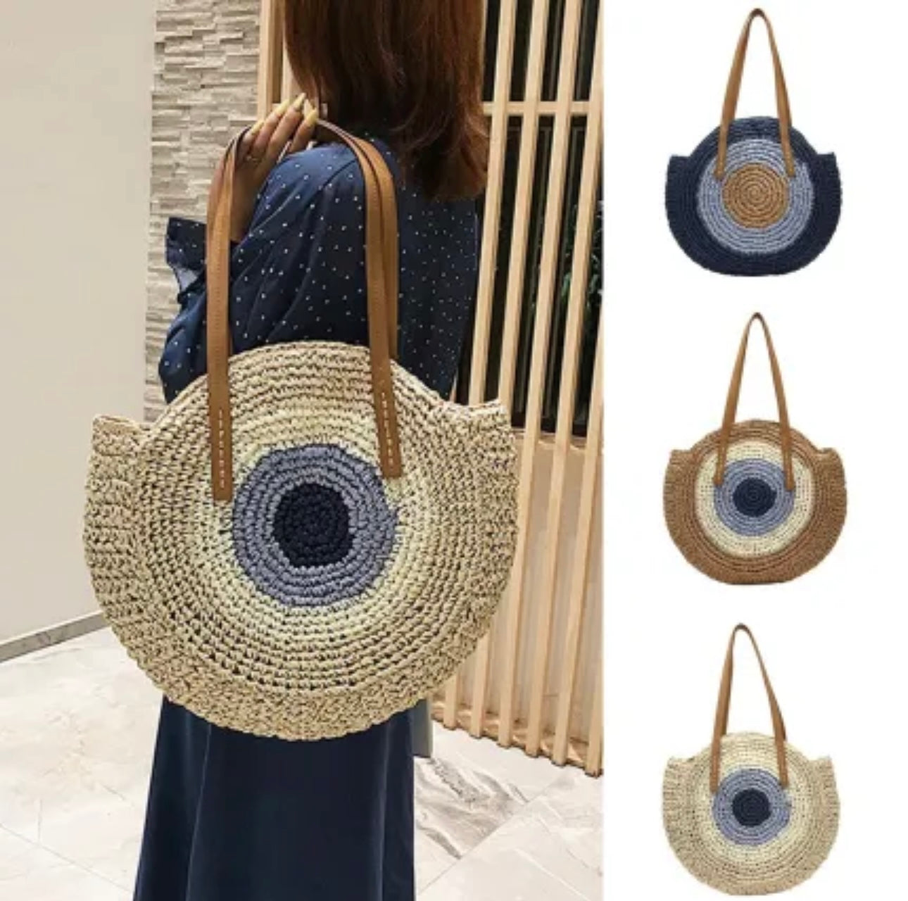 Evil Eye Round Straw Shoulder Bag