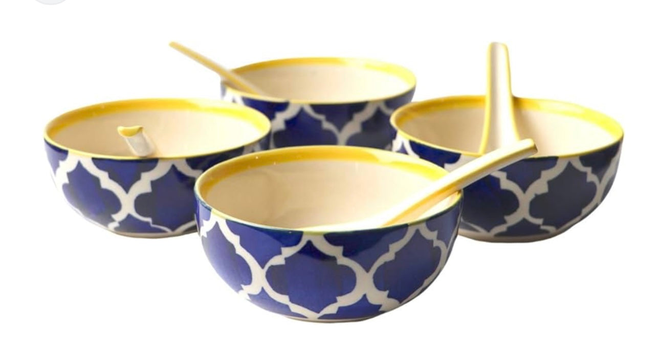 Ceramic Hand Painted Pasta/Soup Serving Bowls with Matching Spoons- Set of 2