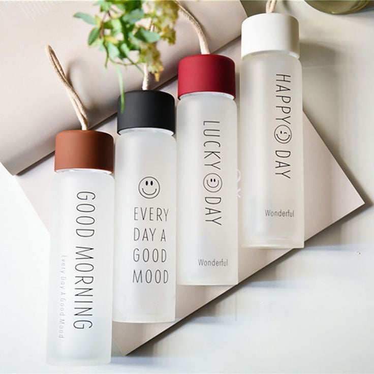 Happy Morning Frosted Glass Water Bottle - 360 ML