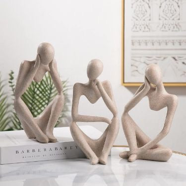 Scandinavian Sandstone Abstract Thinker Statues Figurines - Set of 3