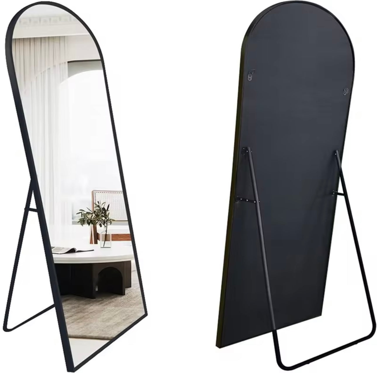 Decorative Full Length Arched Metal Frame Standing Mirror with Stand