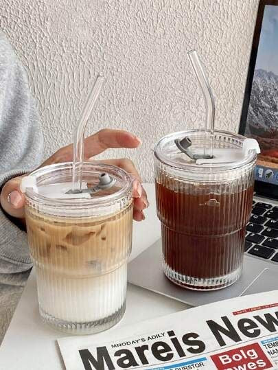 Striped Glass Cup with Straw & Lid
