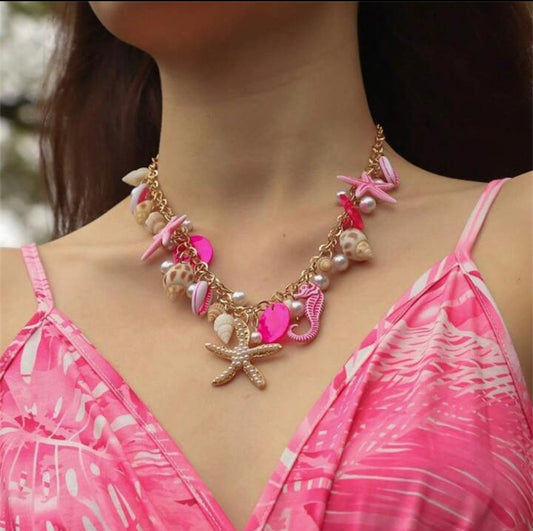 Bohemian Ocean Elements Pink Shells & Starfish Necklace