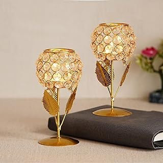 Decorative Crystal Rose Gold Candle Stand - Set of 2
