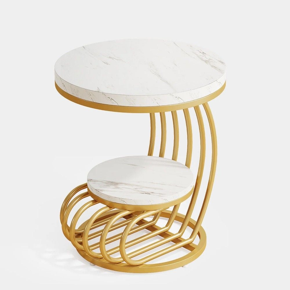 Gold 2-Tier Side Table with White Faux Marble Top