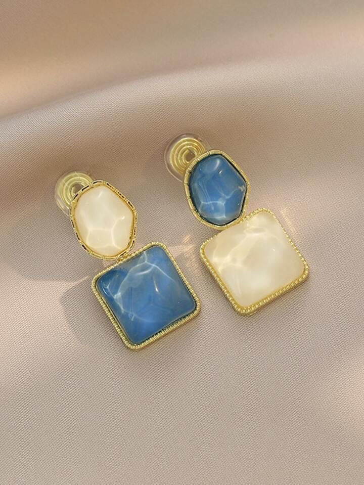 Elegant Gold Plated Blue & White Gemstone Upside Down Ripple Earrings
