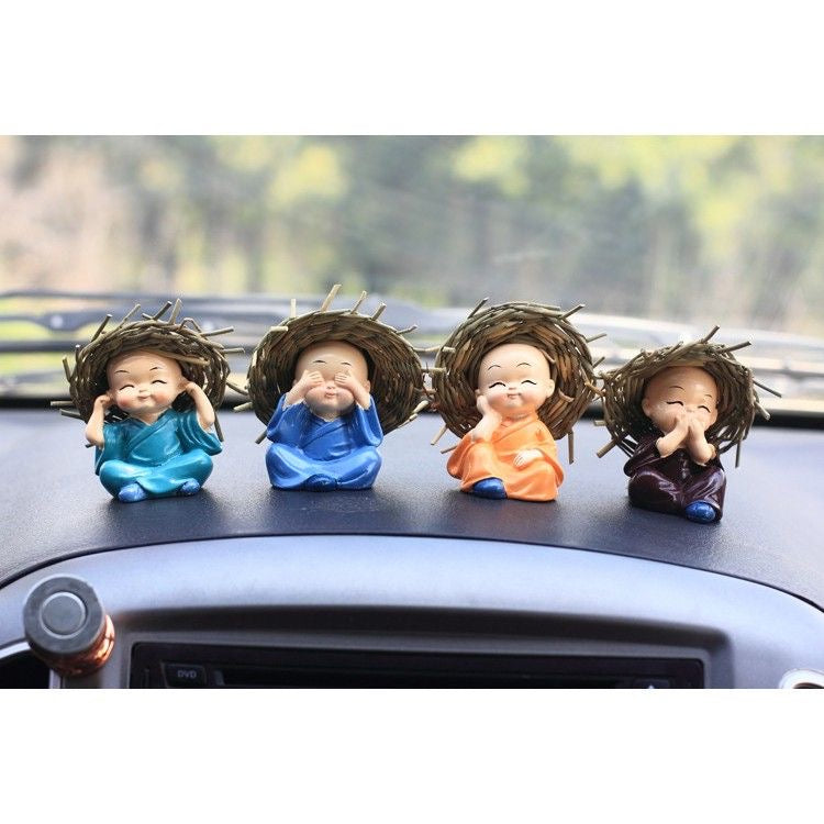 Cute Baby Monk Buddhas with Straw Hats - Set of 4