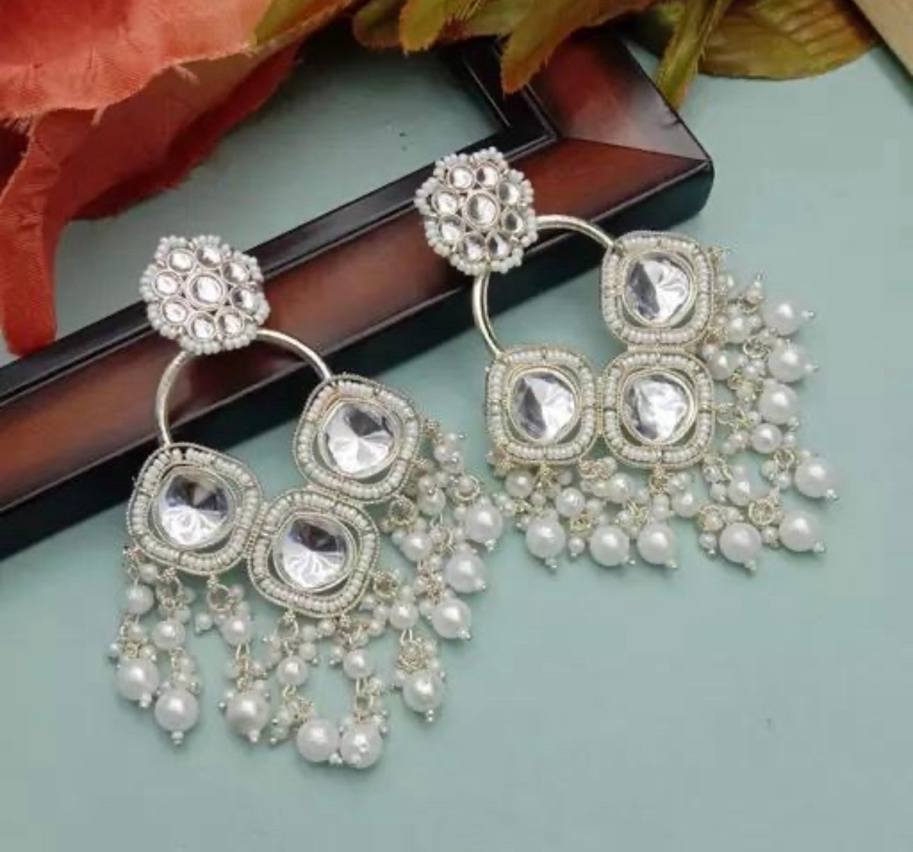 White Kundan Drop Earrings