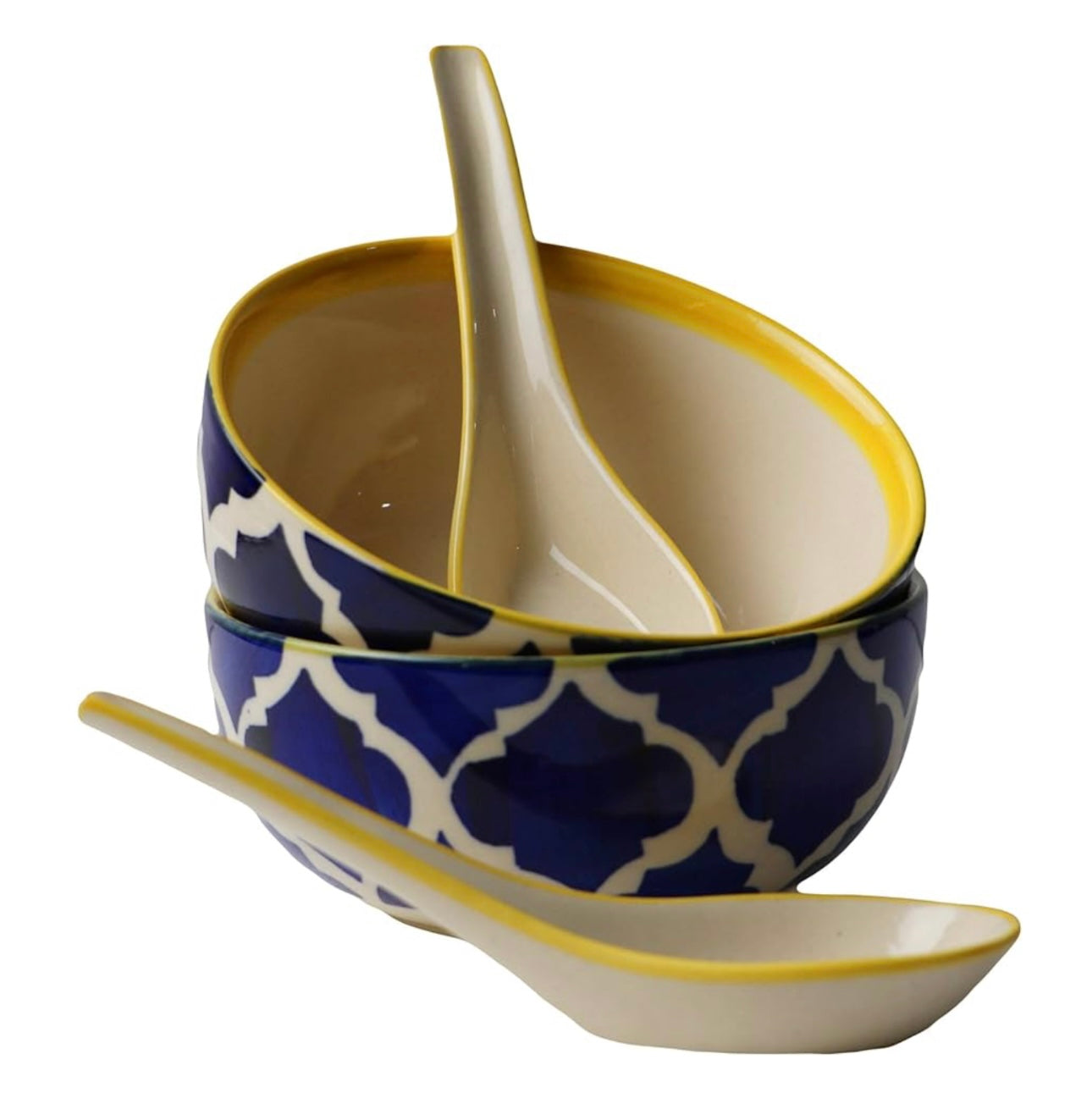 Ceramic Hand Painted Pasta/Soup Serving Bowls with Matching Spoons- Set of 2