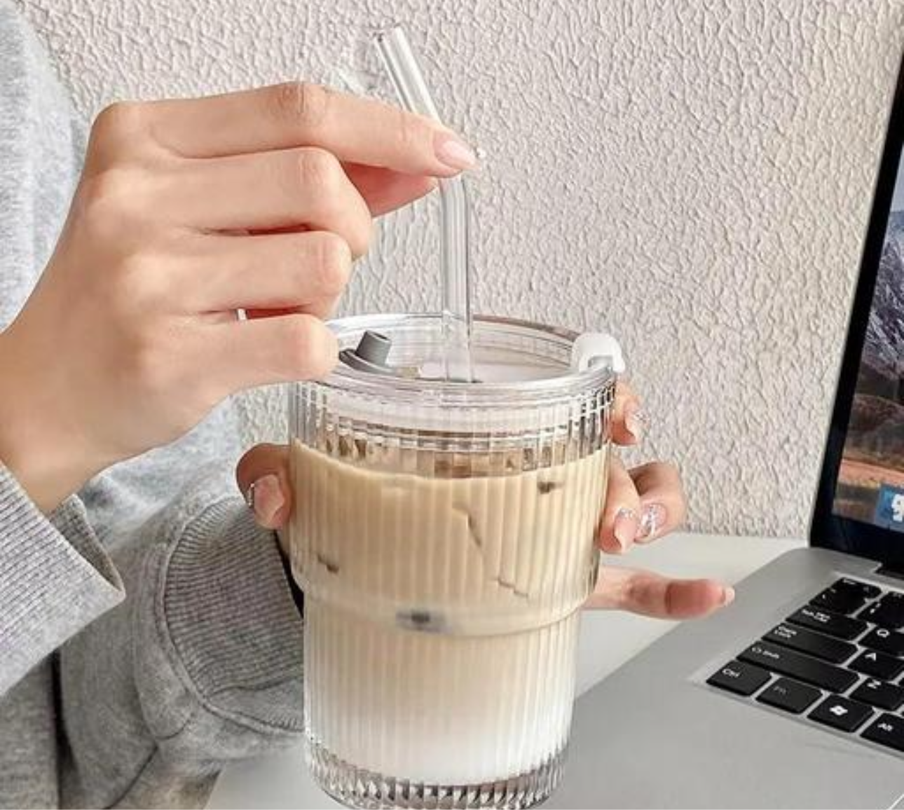 Striped Glass Cup with Straw & Lid