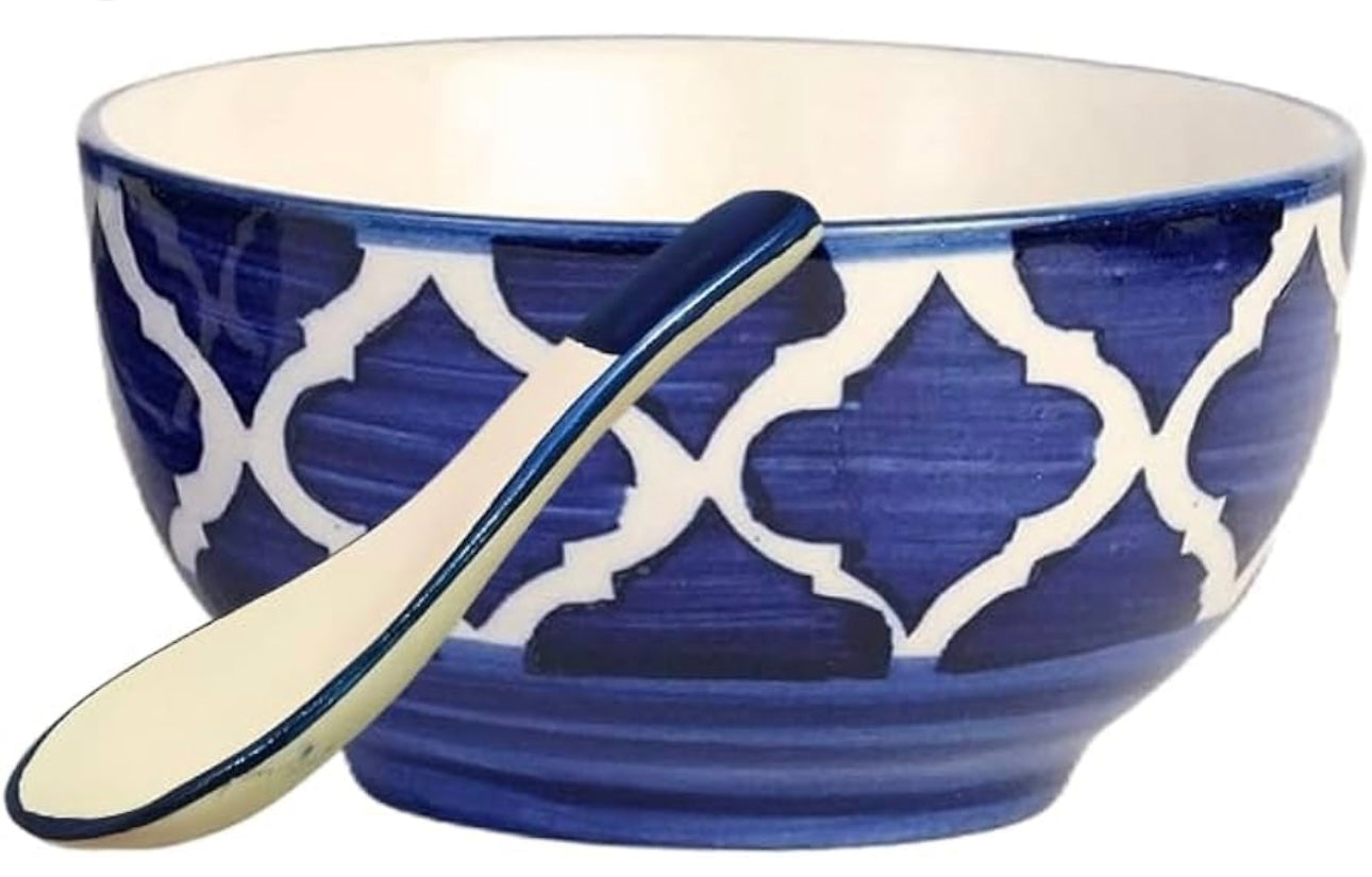 Ceramic Hand Painted Stoneware Large Soup Bowls with Matching Spoons - Set of 4