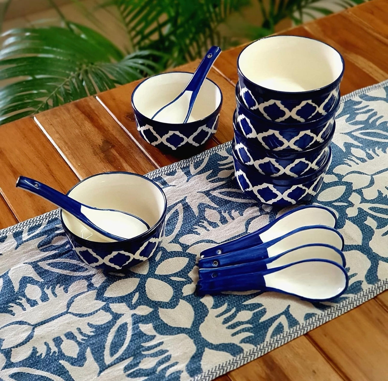 Ceramic Hand Painted Stoneware Large Soup Bowls with Matching Spoons - Set of 4