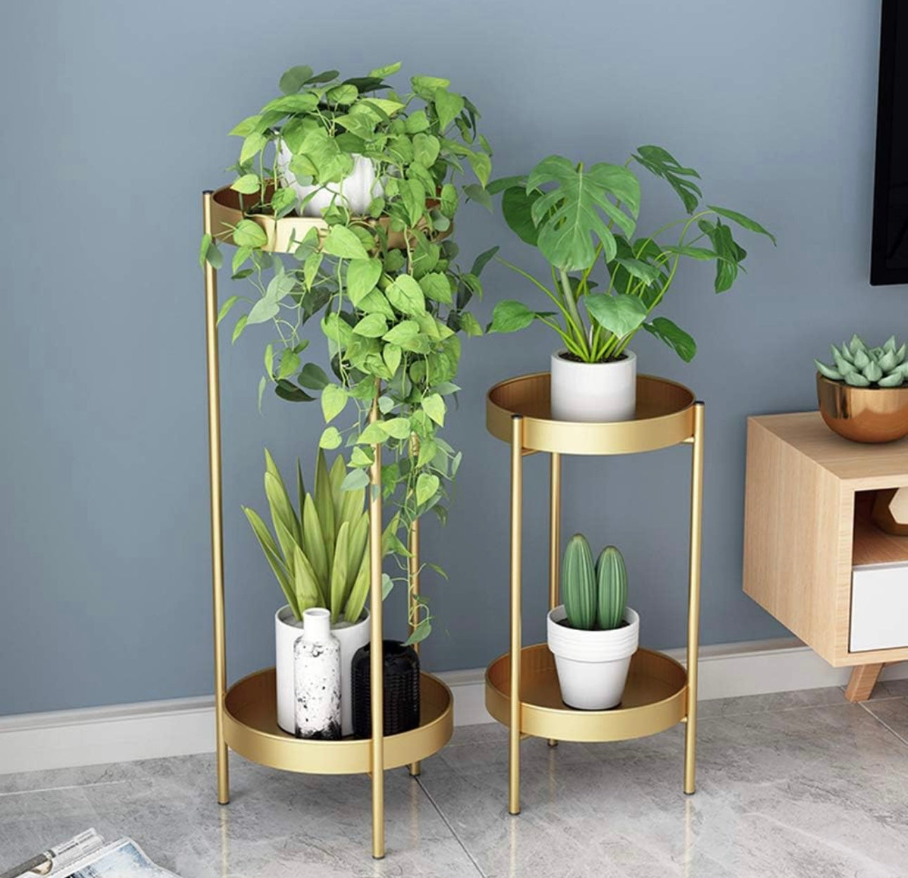 Set of 2 - Metal Floor Plant Stands (Gold)