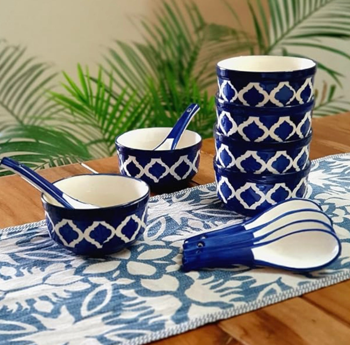 Ceramic Hand Painted Stoneware Large Soup Bowls with Matching Spoons - Set of 4
