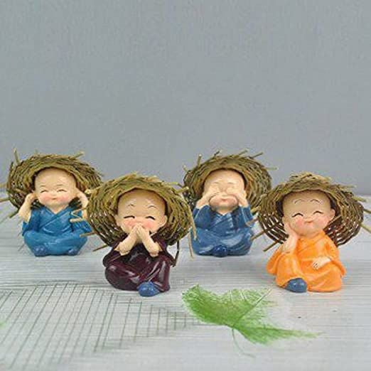 Cute Baby Monk Buddhas with Straw Hats - Set of 4