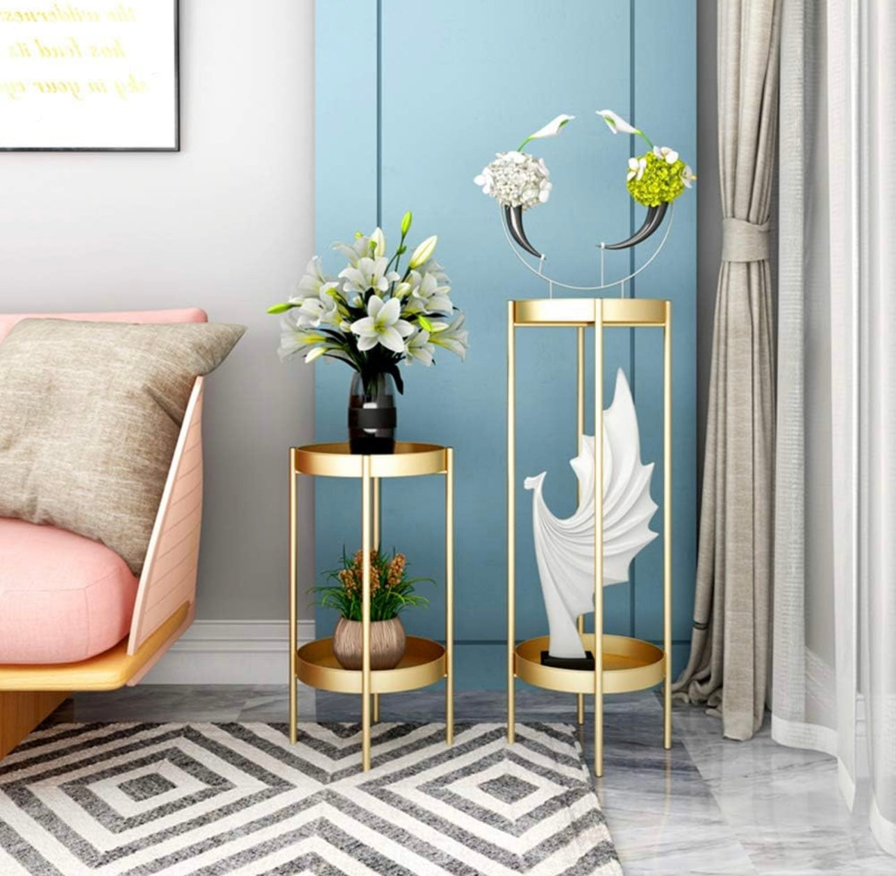 Set of 2 - Metal Floor Plant Stands (Gold)