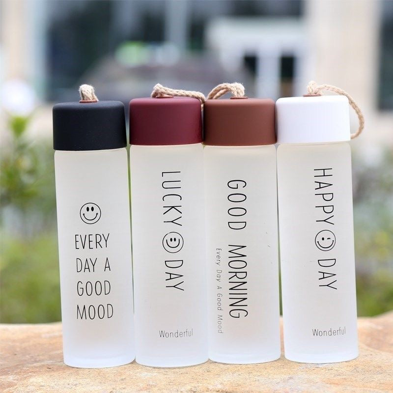 Happy Morning Frosted Glass Water Bottle - 360 ML