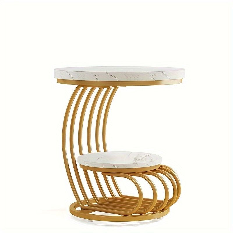 Gold 2-Tier Side Table with White Faux Marble Top