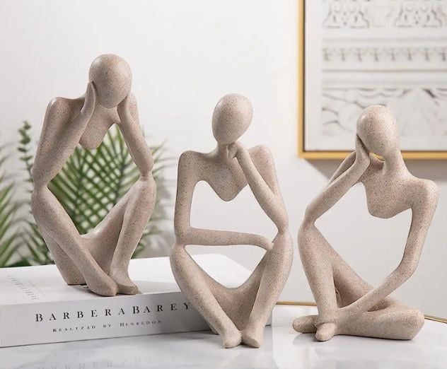Scandinavian Sandstone Abstract Thinker Statues Figurines - Set of 3