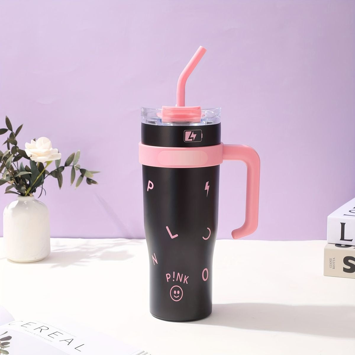 Black & Pink Insulated Tumbler with Straw