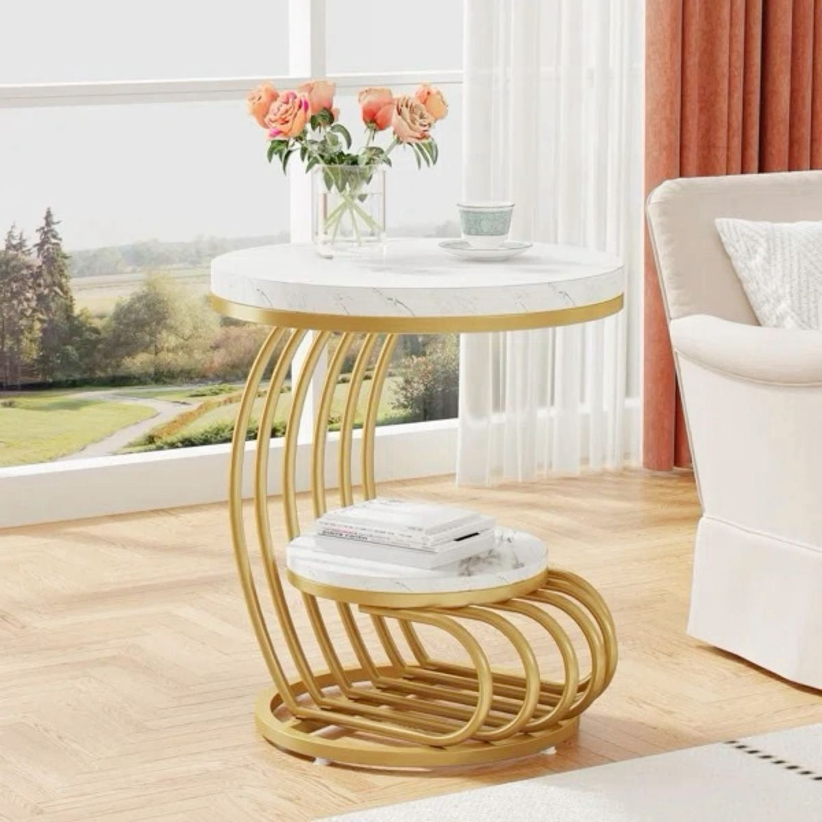 Gold 2-Tier Side Table with White Faux Marble Top