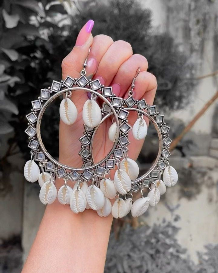 Shell White Ghungroo White Kodi Oxidised Jhumka Earrings