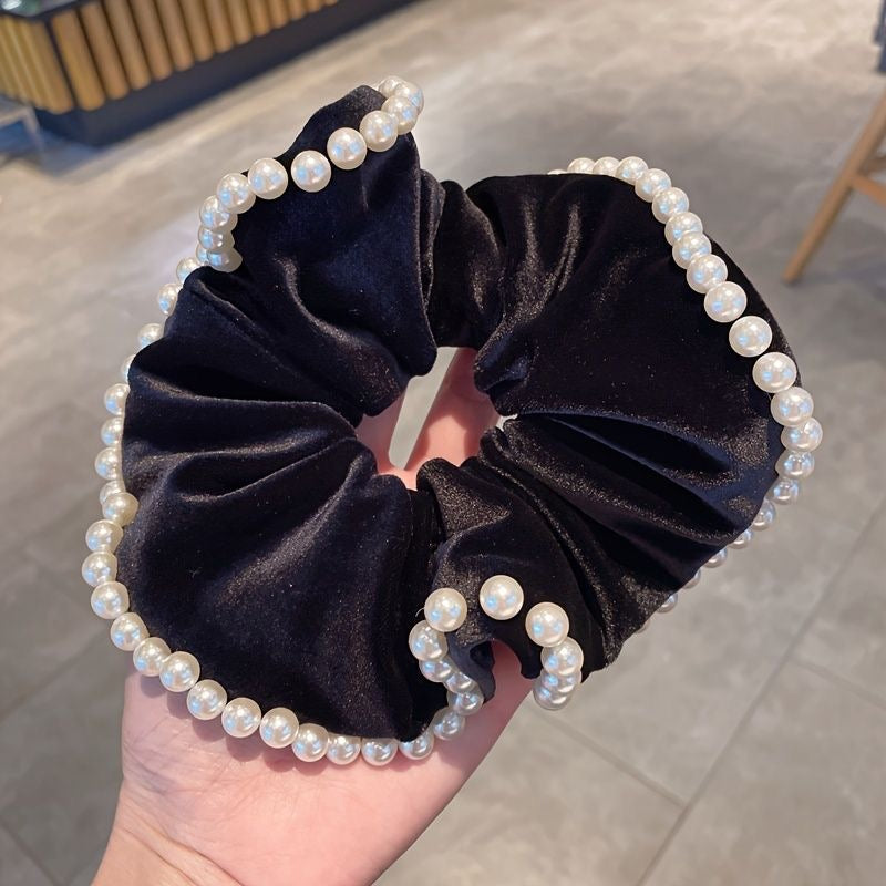 French Vintage Pearl Velvet Scrunchies - Set of 2