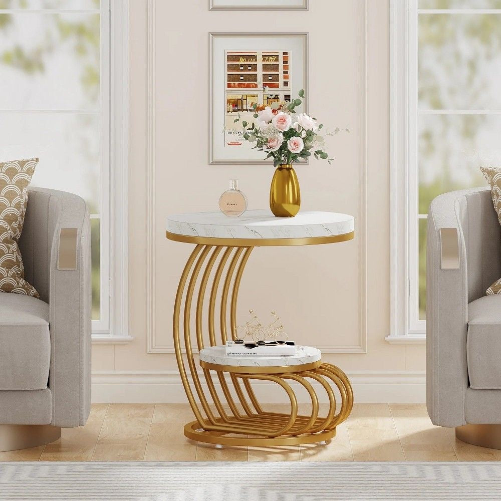 Gold 2-Tier Side Table with White Faux Marble Top