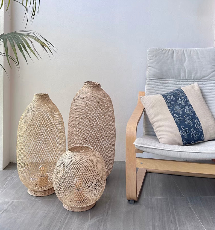 Natural Standing Woven Bamboo Rattan Large Floor Lamps - Set of 3