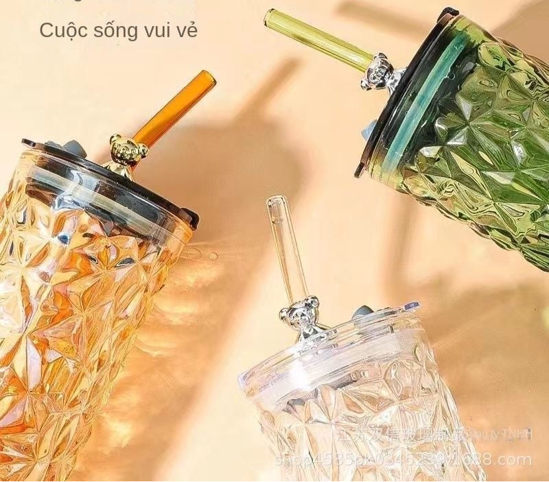 Diamond Glass Tumbler with Teddy Straw