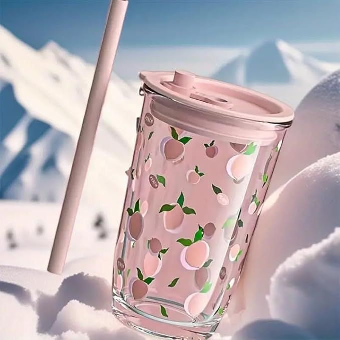 Fruits Print Boba Glass Tumbler with Straw & Lid