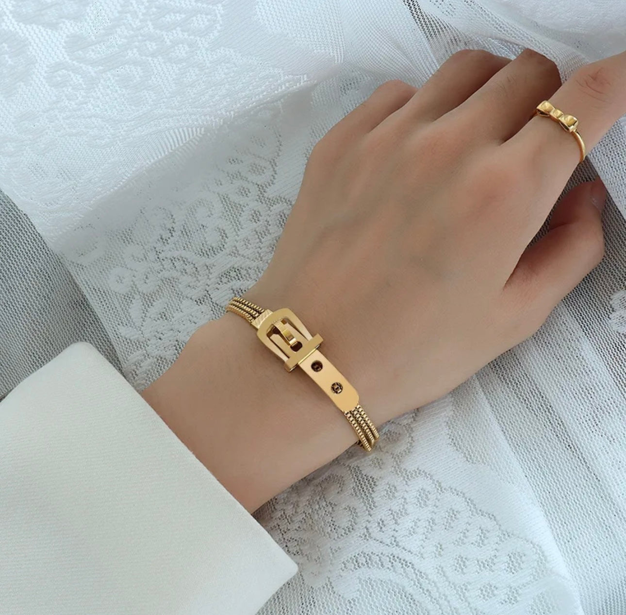 18k Gold Bracelet Watch Belt Buckle 3-Layer Rice Bead Box Chain