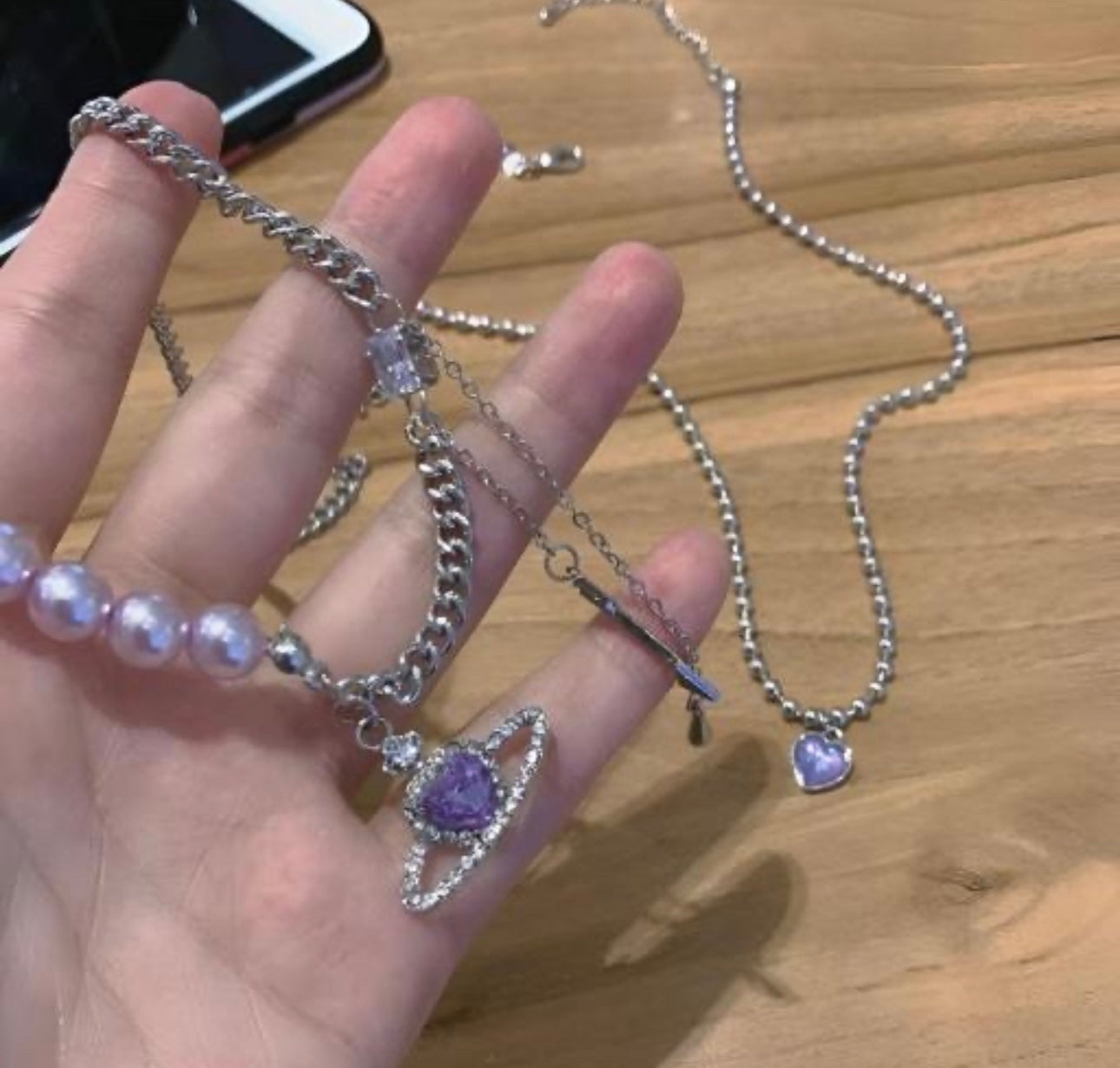 Exquisite Purple Pearly Heart Rhinestones Saturn Design Necklace
