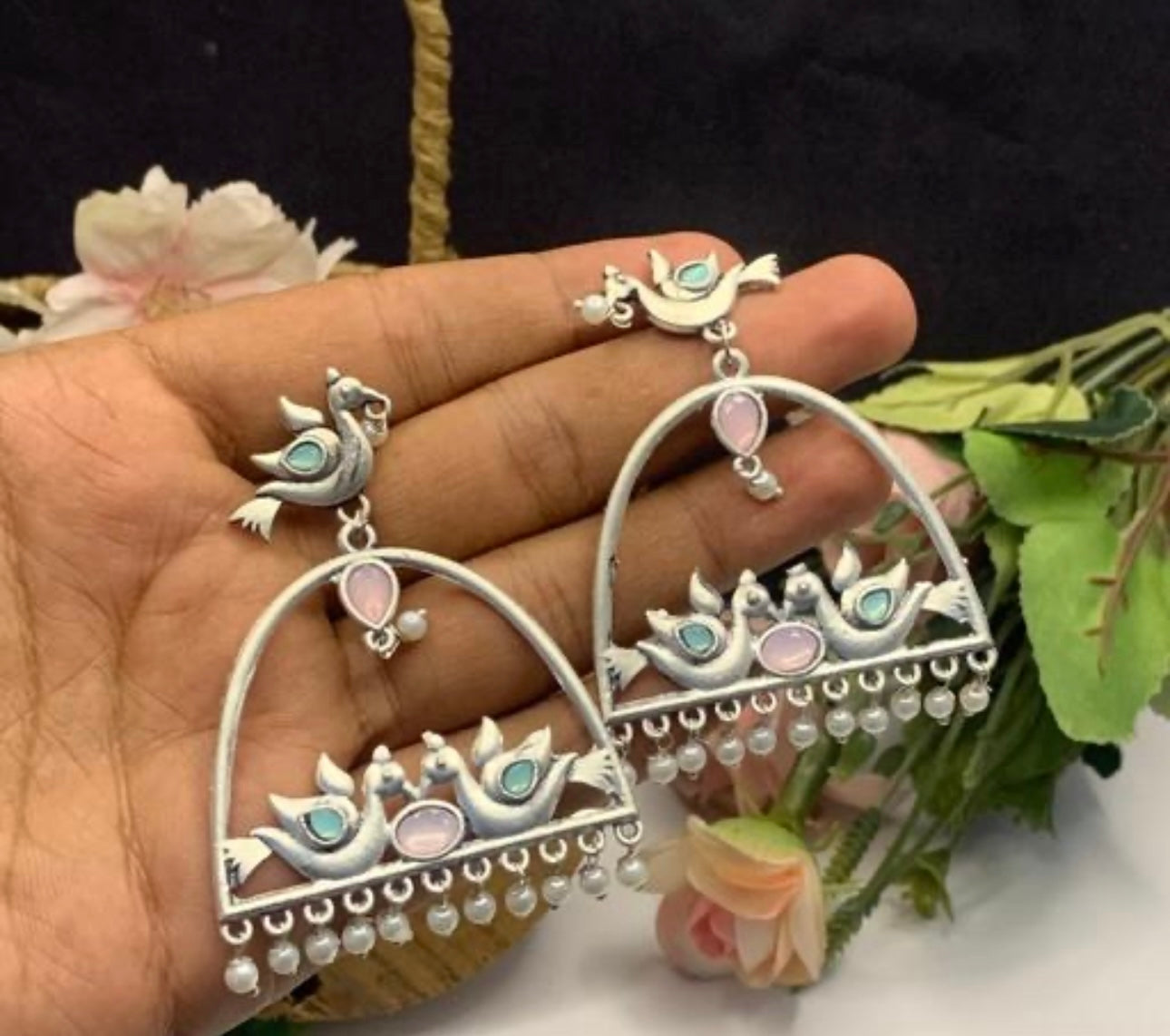 Chic Silver Plated Kundan Bird Statement Earrings