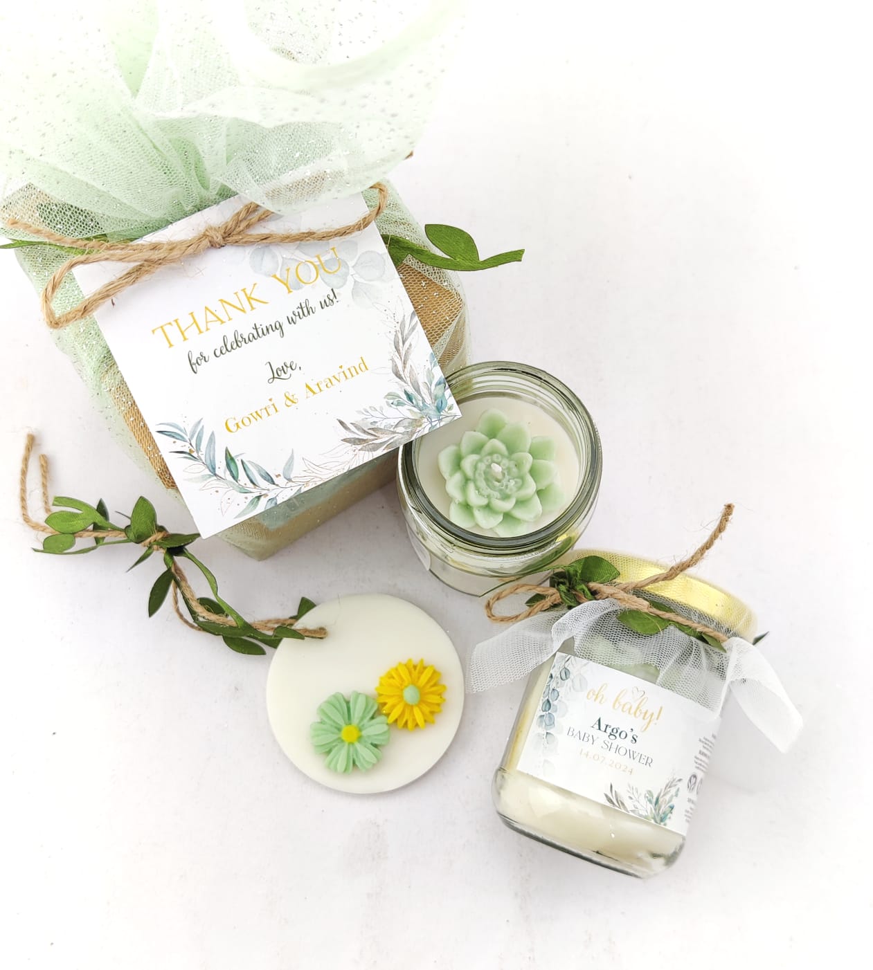 Flower Votive Candles for Return Gifts/Favours with Packaging & Personalised Tags/Stickers