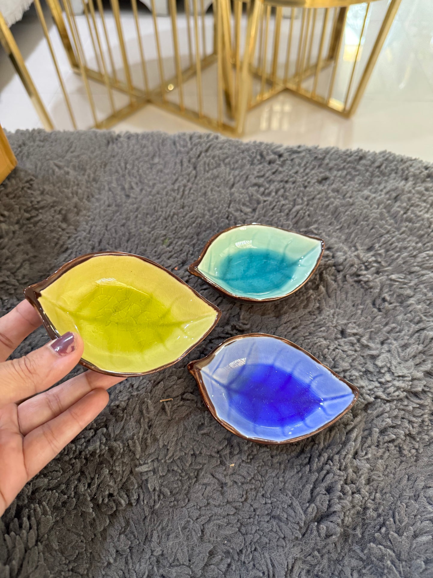 Ceramic Leaf Shaped Small Dip/Chutney Bowls - Set of 3