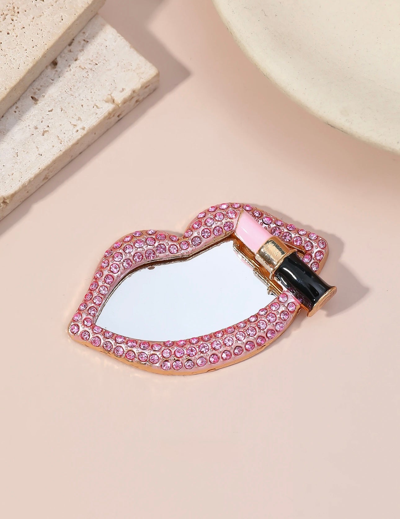 Rhinestones Studded Lip Shape Makeup Mirror
