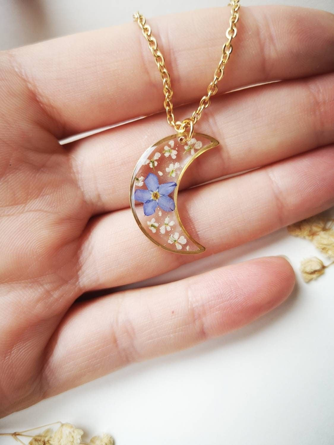 Moon Pendant with Real Pressed Flowers