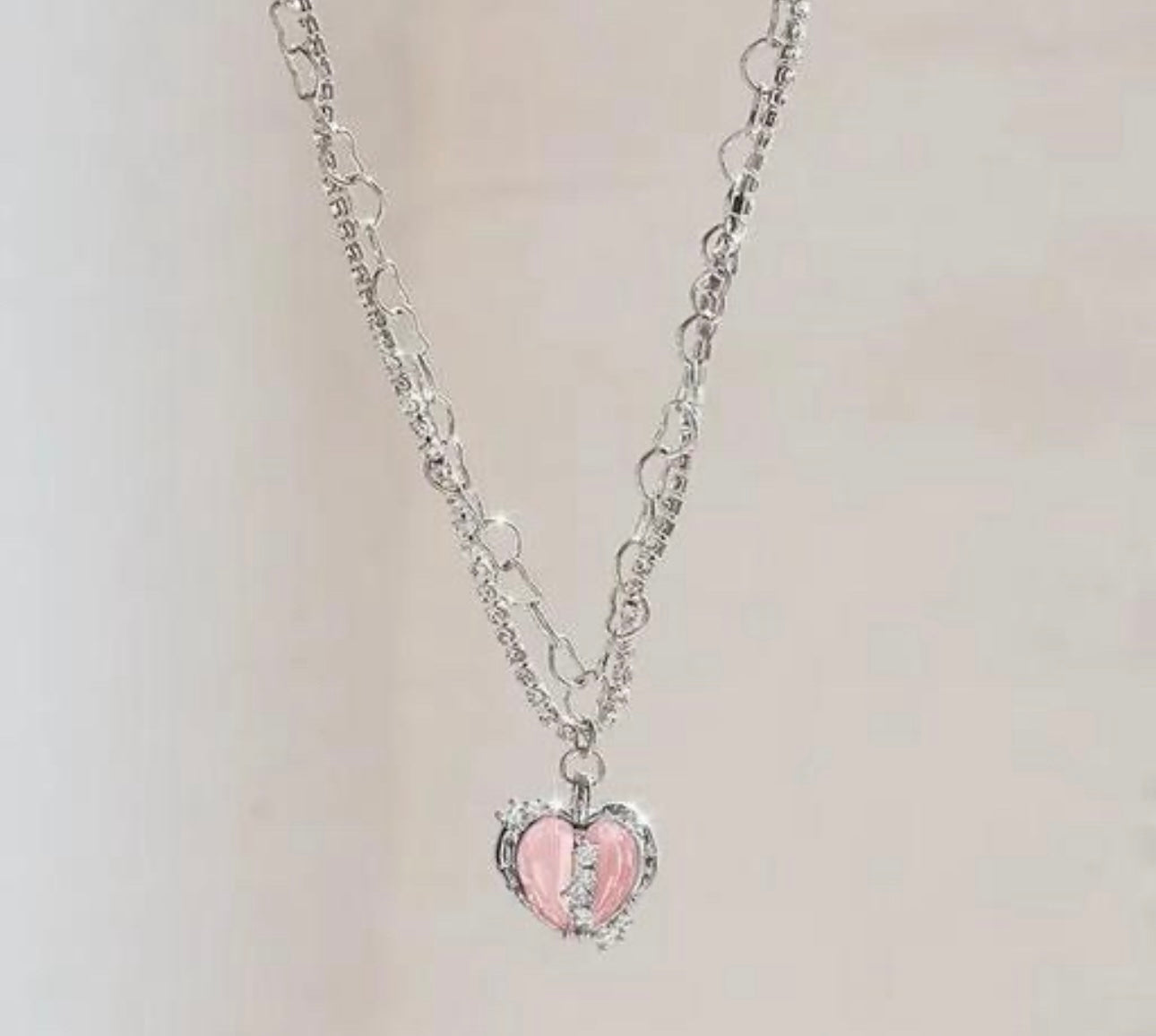 Korean Vintage Exquisite Zircon Pink & Silver Heart Necklace
